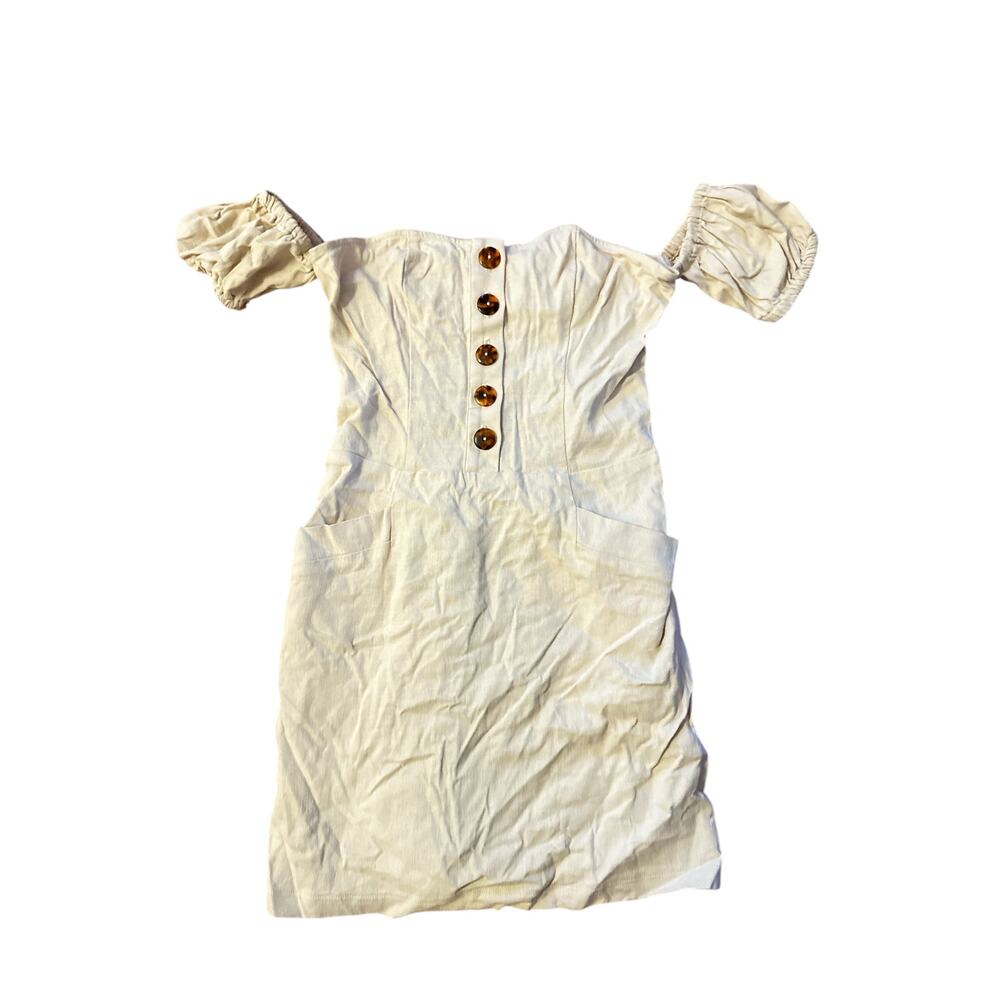S Ellejay Mini Dress Off Shoulder Linen Blend Beige Tan Pockets Buttons Smocked
